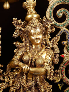 45" Contrasted Majestic Brass Radha Krishna with Peacock Temple Arch