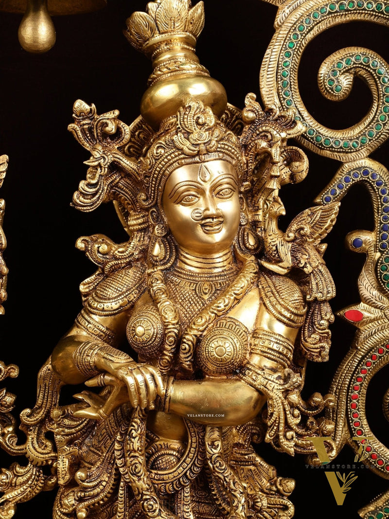 45" Contrasted Majestic Brass Radha Krishna with Peacock Temple Arch