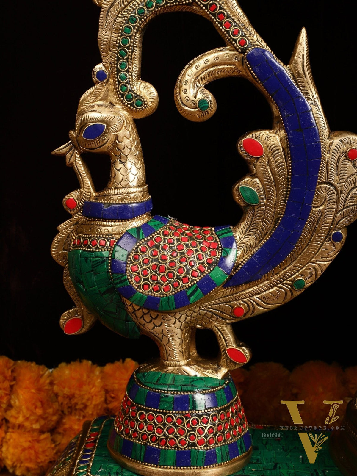 45" Contrasted Majestic Brass Radha Krishna with Peacock Temple Arch