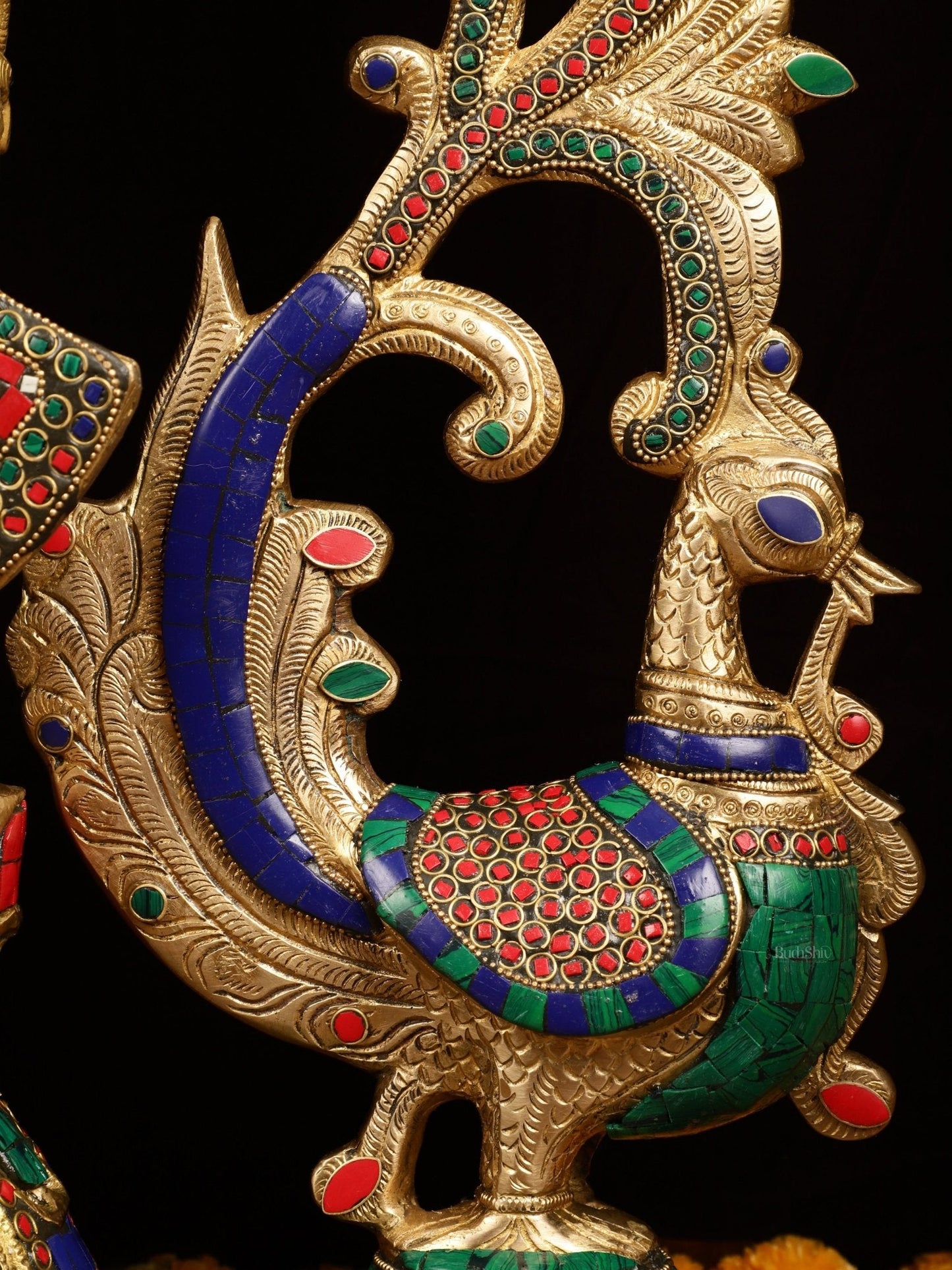 45" Contrasted Majestic Brass Radha Krishna with Peacock Temple Arch