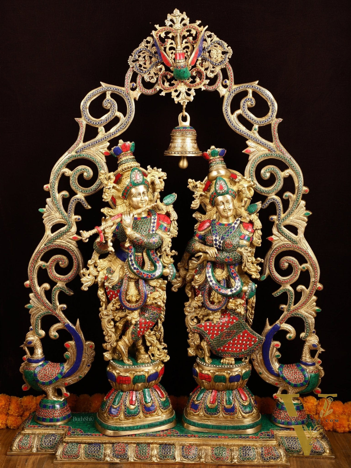 45" Outstanding Brass Radha Krishna with Peacock Temple Arch Meenakari Marvel