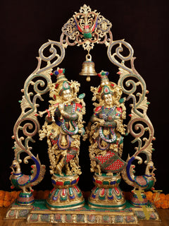 45" Outstanding Brass Radha Krishna with Peacock Temple Arch Meenakari Marvel