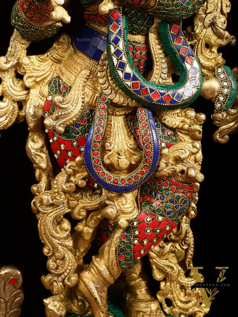 45" Outstanding Brass Radha Krishna with Peacock Temple Arch Meenakari Marvel