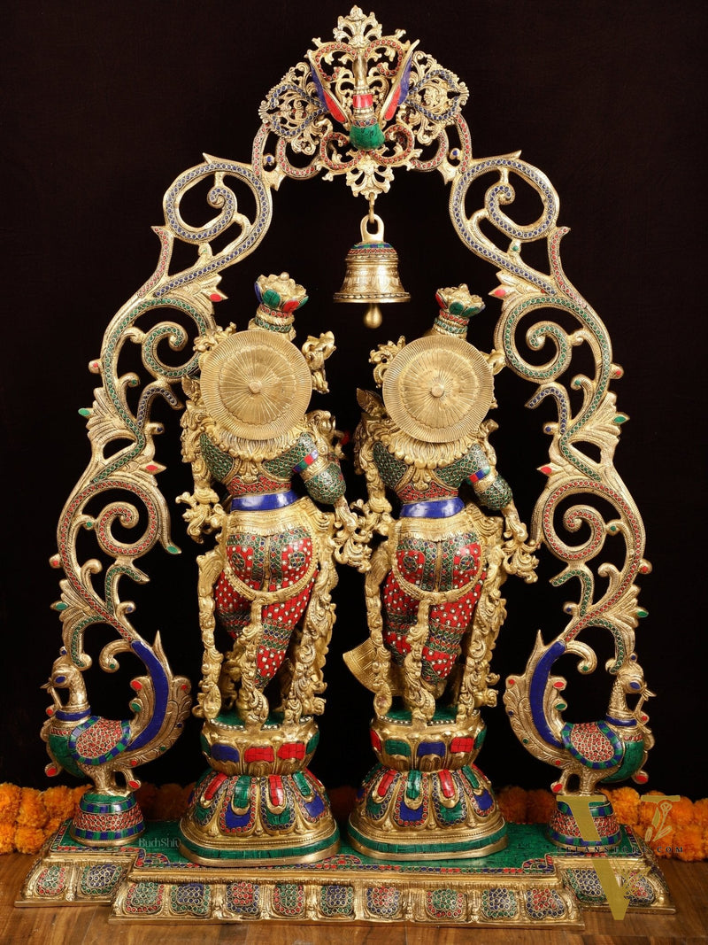 45" Outstanding Brass Radha Krishna with Peacock Temple Arch Meenakari Marvel
