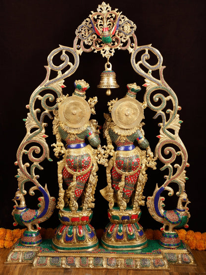 45" Outstanding Brass Radha Krishna with Peacock Temple Arch Meenakari Marvel