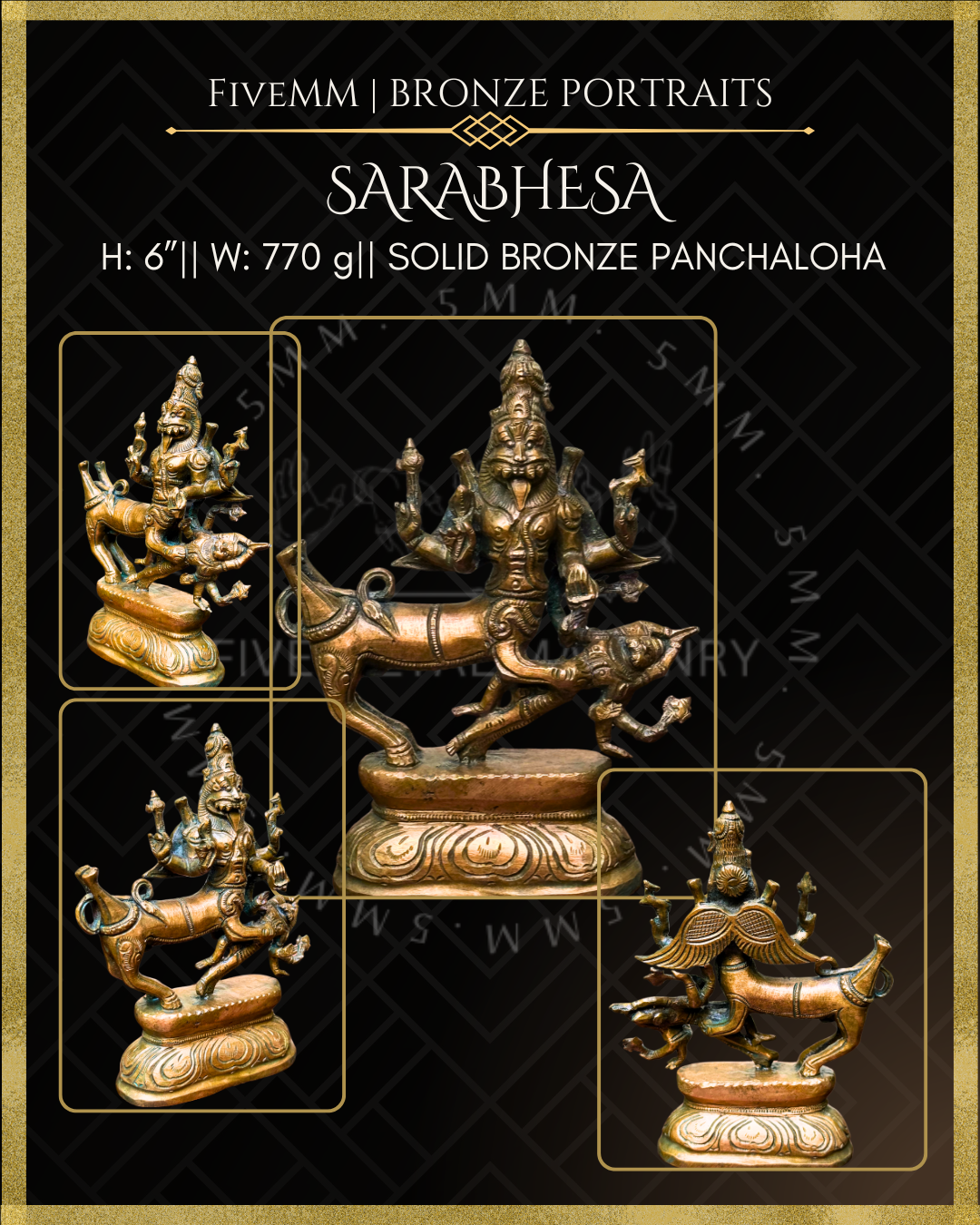 Sarabhesvara Shiva Panchaloha Bronze Icon - 6"