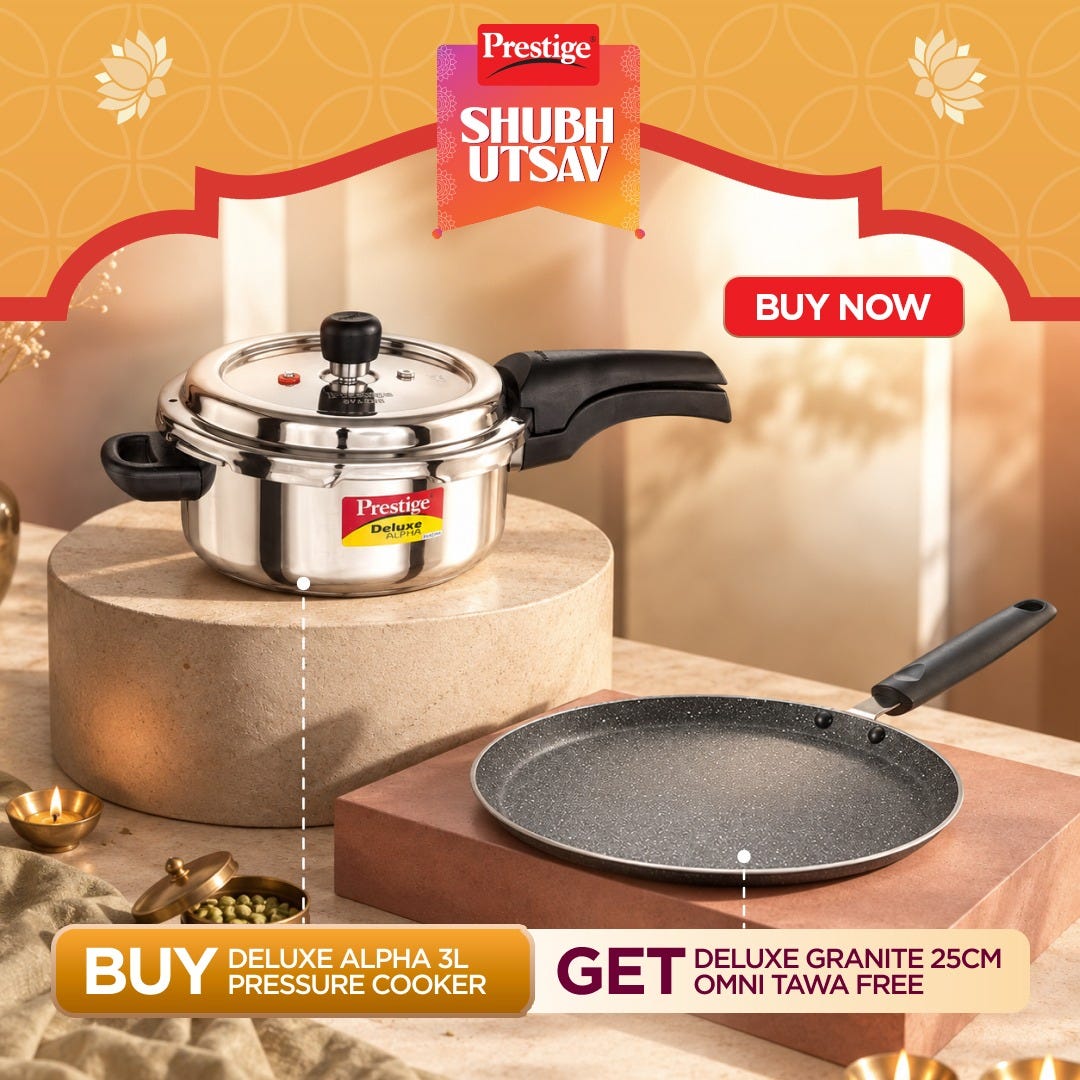 Prestige 3 Litre Stainless Steel Deluxe Alpha Svachh Outer Lid Pressure Cooker, Triply Base, Gas & Induction Compatible, ISI + Prestige Omega Deluxe Granite Non-stick Omni Tawa, 25 cm, Black