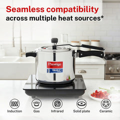 Prestige Edge PEBS 04 4 Burner Manual Gas Stove, Black + Prestige 5 L Tri-Ply Svachh Inner Lid Pressure Cooker, Gas & Induction Compatible, Spillage Control, 5 Years Warranty, Silver