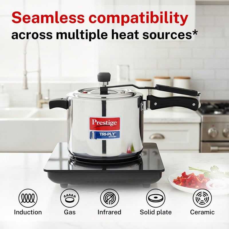 Prestige Edge PEBS 04 4 Burner Manual Gas Stove, Black + Prestige 5 L Tri-Ply Svachh Inner Lid Pressure Cooker, Gas & Induction Compatible, Spillage Control, 5 Years Warranty, Silver
