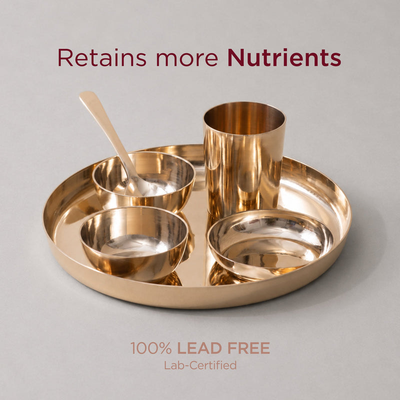 6-Piece Pure & Authentic Kansa Dinner Set • Gloss Finish • Serves 1 • 100% Lead-Free (कांसे का डिनर सेट)