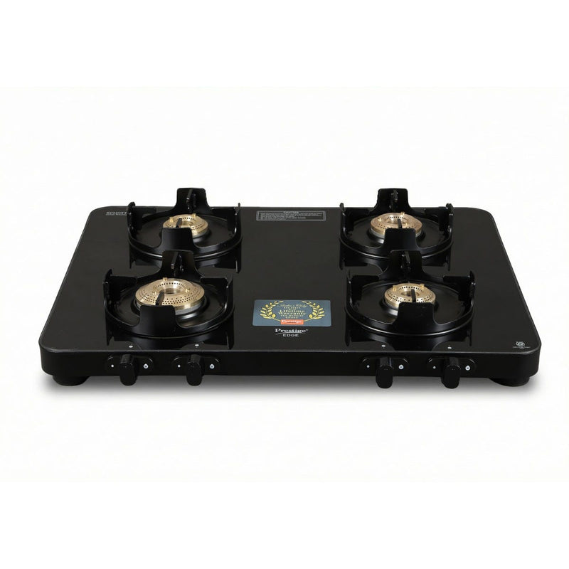 Prestige Edge PEBS 04 4 Burner Manual Gas Stove, Black + Prestige 5 L Tri-Ply Svachh Inner Lid Pressure Cooker, Gas & Induction Compatible, Spillage Control, 5 Years Warranty, Silver