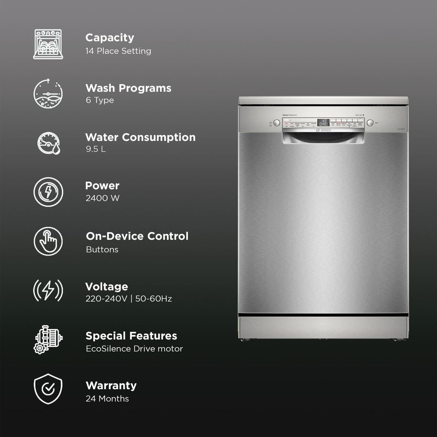 BOSCH Series 6 14 Place Settings Free Standing Dishwasher with Glass Protection Technology (No Pre-rinse Required, Silver)