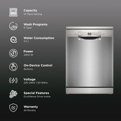 BOSCH Series 6 14 Place Settings Free Standing Dishwasher with Glass Protection Technology (No Pre-rinse Required, Silver)