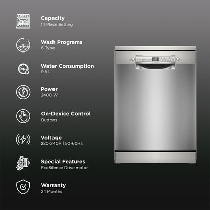 BOSCH Series 6 14 Place Settings Free Standing Dishwasher with Glass Protection Technology (No Pre-rinse Required, Silver)