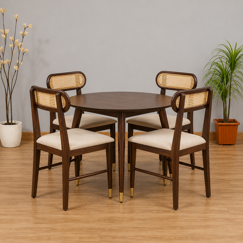 Ashton Solid Wood Rattan Cane Round Dining Table Set-4 Seater  
