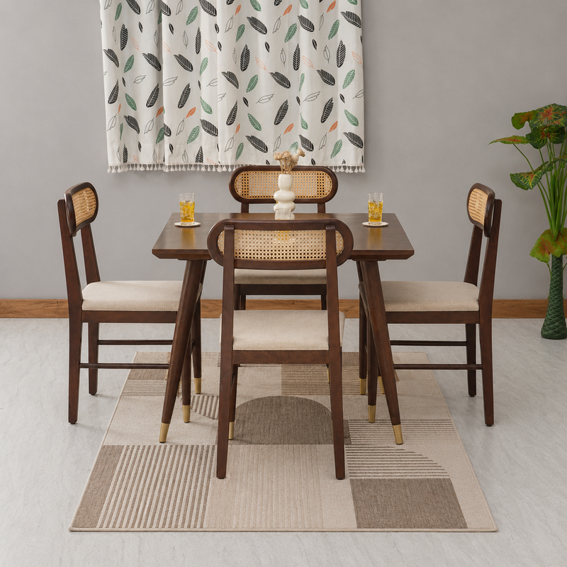 Ashton Solid Wood Rattan Cane Squre Dining Table Set -4 Seater 