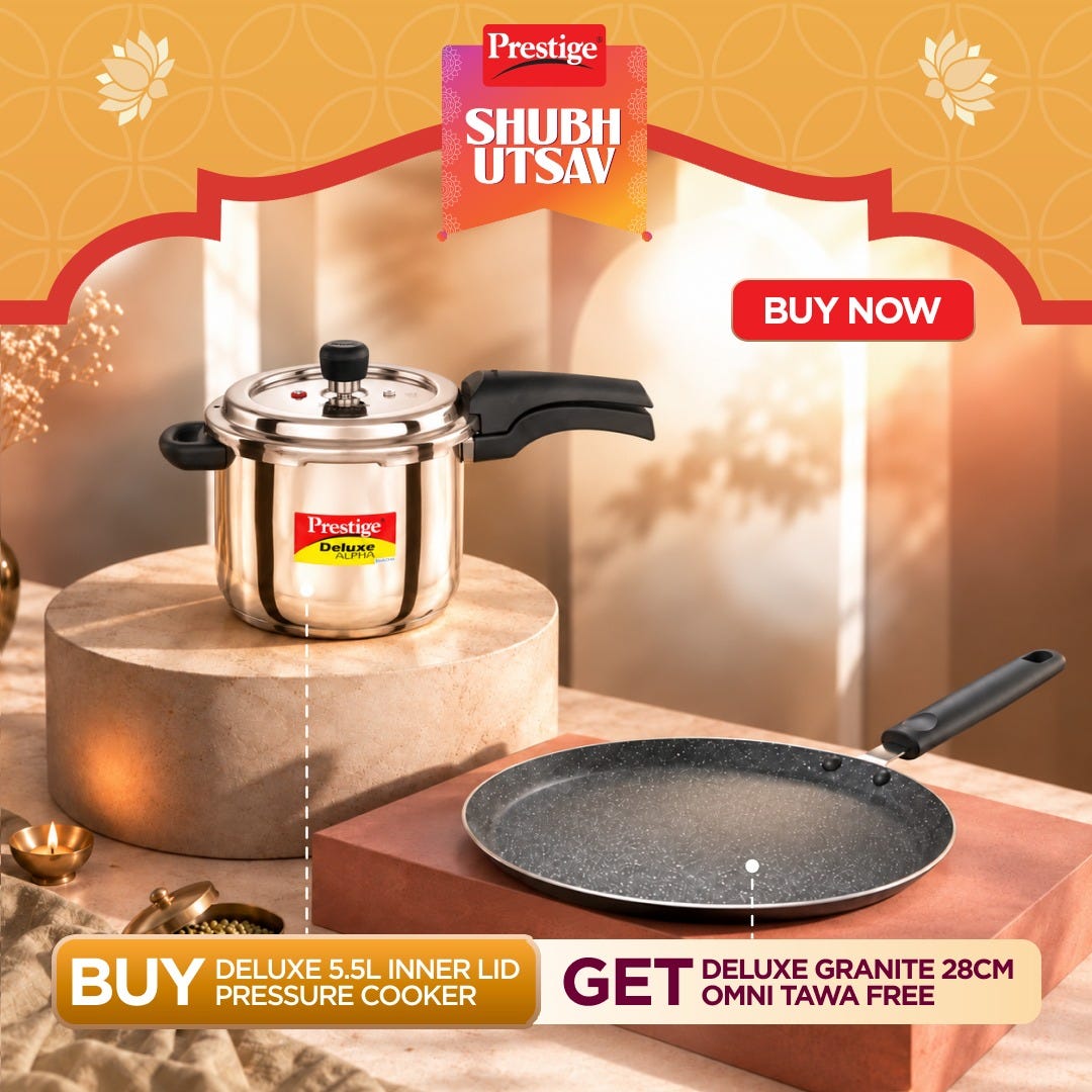 Prestige Deluxe Alpha Svachh Stainless Steel Spillage Control Pressure Cooker, 5.5 L (Silver), Prestige Omega Deluxe Granite Non-stick Round Base Omni Tawa, 28 cm (Black)