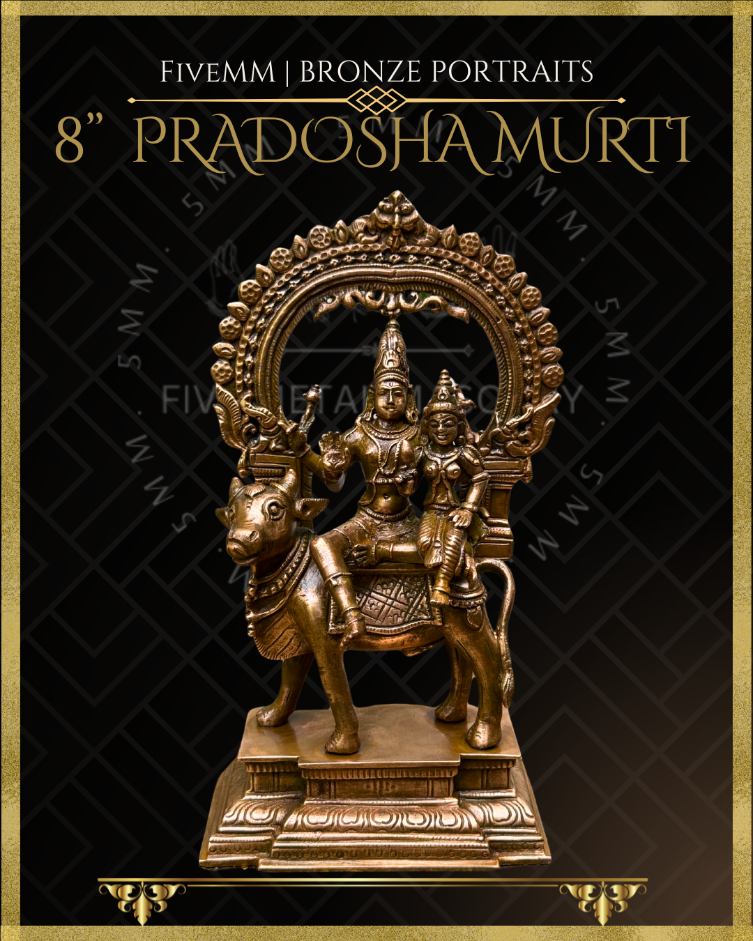 Pradosha Murti Shiva and Uma sitting on Nandi Panchaloha Bronze Icon - 8" with arch