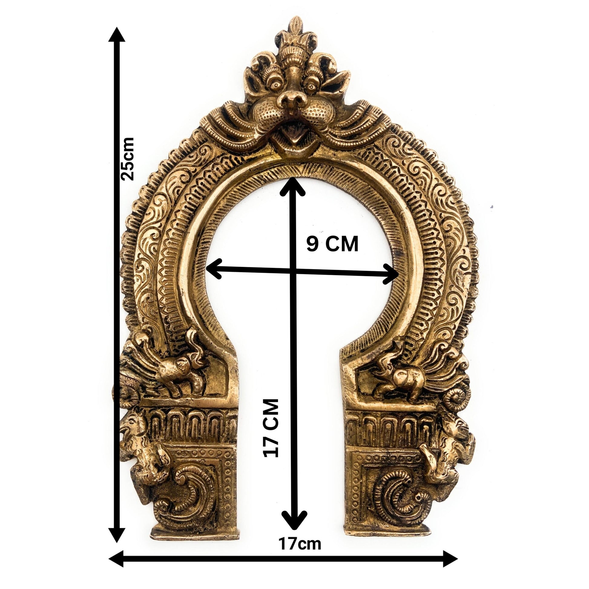 Bhunes Brass Hand-Carved Prabhavali Frame with Kirtimukha – Wall Hanging Arch for Pooja Room, Temple Decor, Prabhawal for Deity Idol Backdrop, Gold, 10 Inch, 1 Piece