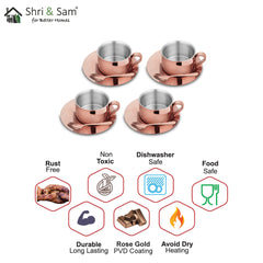 Stainless Steel 4 PCS Double Wall Cup and Saucer with Rose Gold PVD Coating First Impression