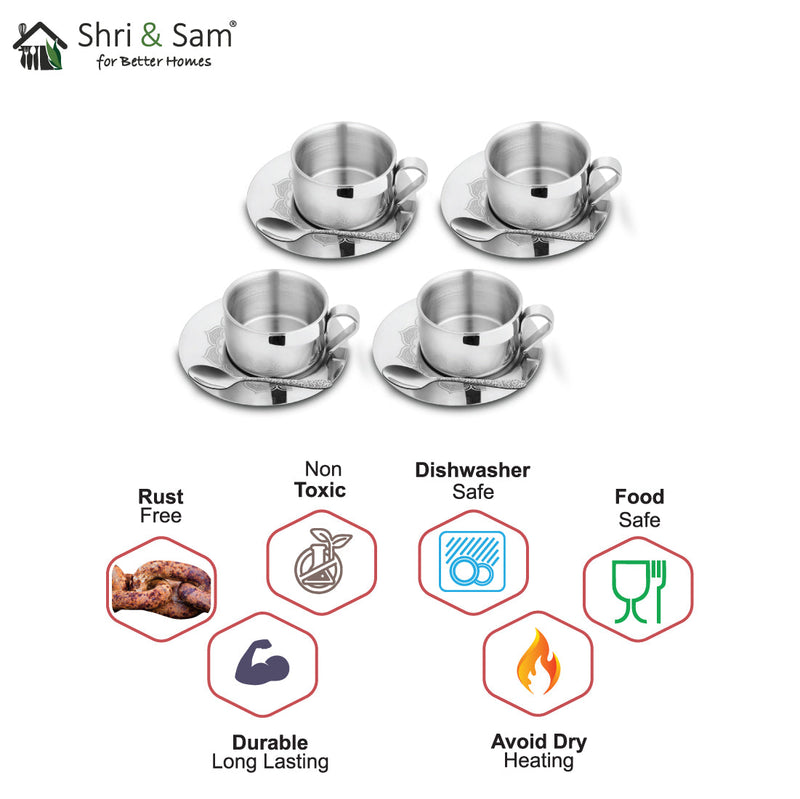 Stainless Steel 4 PCS Double Wall Cup and Saucer with Laser First Impression