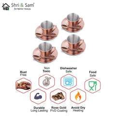 Stainless Steel 4 PCS Double Wall Cup and Saucer with Rose Gold PVD Coating & Laser Rise