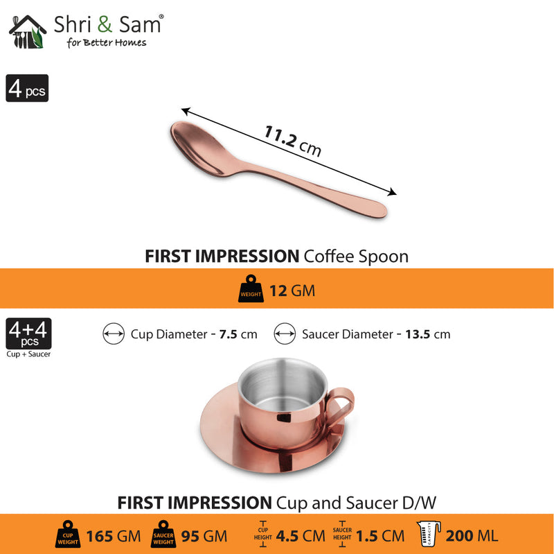 Stainless Steel 4 PCS Double Wall Cup and Saucer with Rose Gold PVD Coating First Impression
