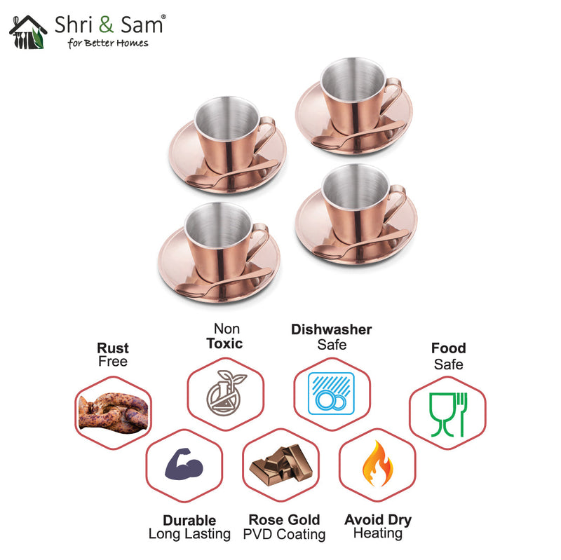 Stainless Steel 4 PCS Double Wall Cup and Saucer with Rose Gold PVD Coating Rise