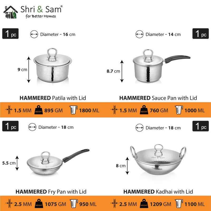 Stainless Steel 4 PCS Heavy Weight Hammered STARTER Cookware Set with Lid
