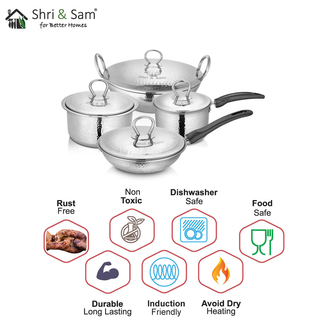 Stainless Steel 4 PCS Heavy Weight Hammered STARTER Cookware Set with Lid