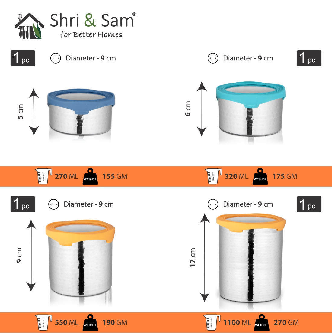 Stainless Steel 4 PCS Hammered Canister with Air Tight Lid Lock N Roll