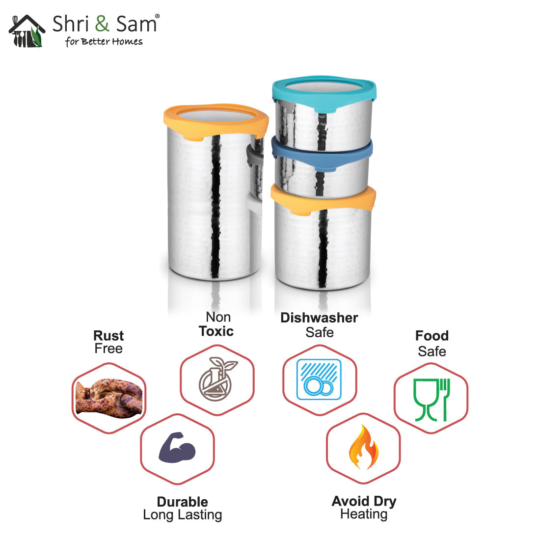 Stainless Steel 4 PCS Hammered Canister with Air Tight Lid Lock N Roll