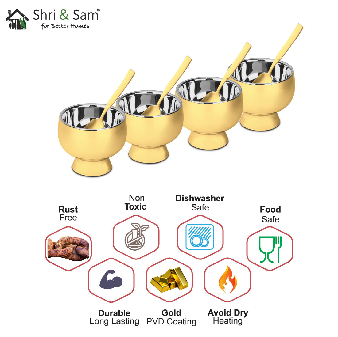 Stainless Steel 4 PCS Double Wall Ice Cream Set with Gold PVD Coating Forte