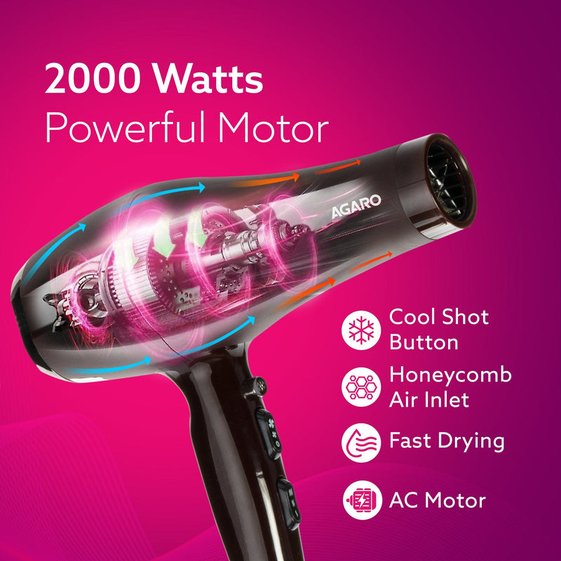 AGARO HD-1120 2000W AC தொழில்முறை ஹேர் ட்ரையர், சீப்பு, செறிவு மற்றும் டிஃப்பியூசர் முனைகள், சூடான மற்றும் குளிர்ந்த காற்று, 2 வேகம் &amp; 3 வெப்பநிலை அமைப்புகள், கூல் ஷாட், ஹேர் ட்ரையர் &amp; ப்ளோவர் ஆண்கள் மற்றும் பெண்களுக்கானது. -5