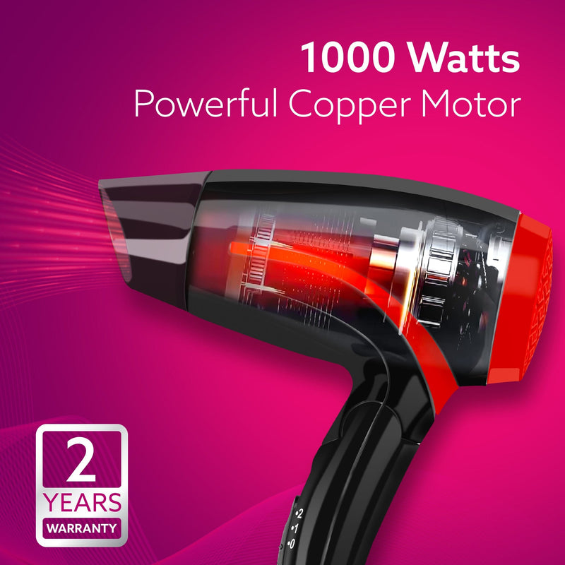 AGARO HD1177 Hair Dryer with 1000 Watts Copper Motor, 2 Speed & Temperature Settings, Foldable Handle, For both Men & Women, Black & Red-4