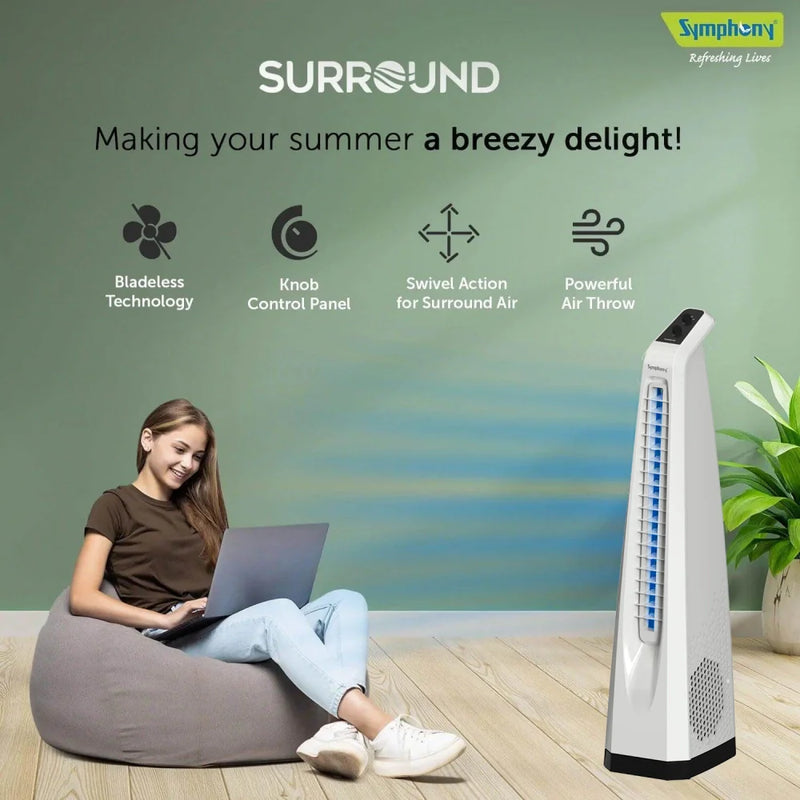 Surround White | Tower Fan | Knob Control | Bladeless Turbo ThrowTM (BLTT) Technology