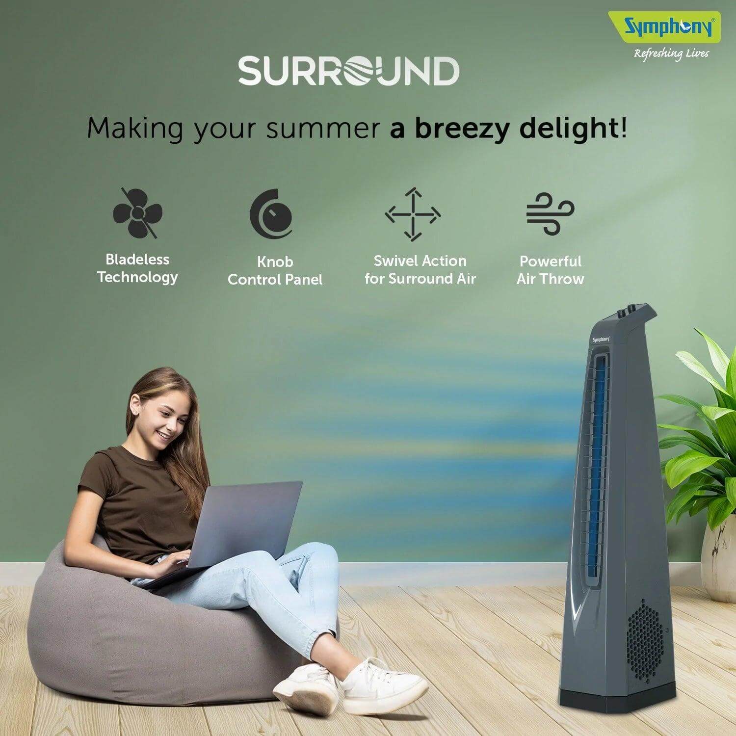 Surround Grey | Tower Fan | Knob Control | Bladeless Turbo ThrowTM (BLTT) Technology