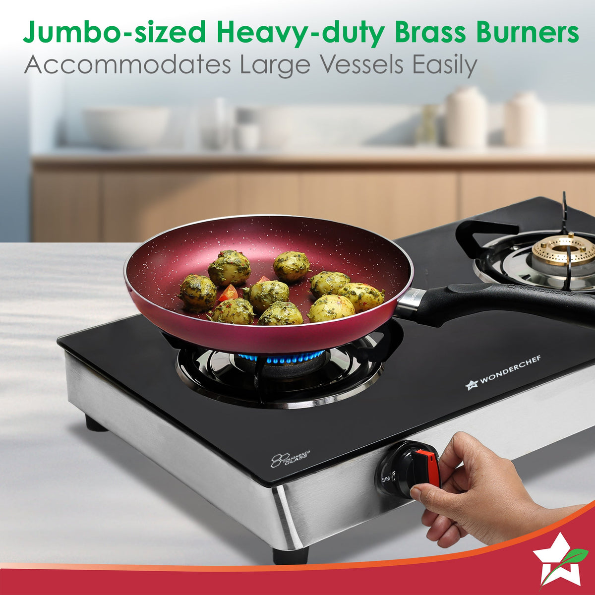 Wonderchef Regal 2 Brass Burner Gas Stove, LPG Gas Stove for Kitchen, ISI Toughened Glass Surface, SS Frame, Spill-proof