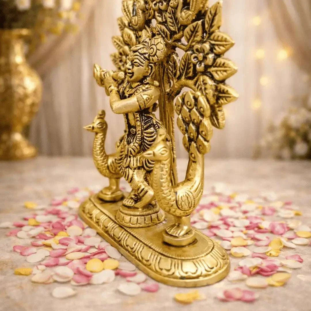 Brass Lord Krishna Standing Statue With Tree And Peacock (5 Inch)