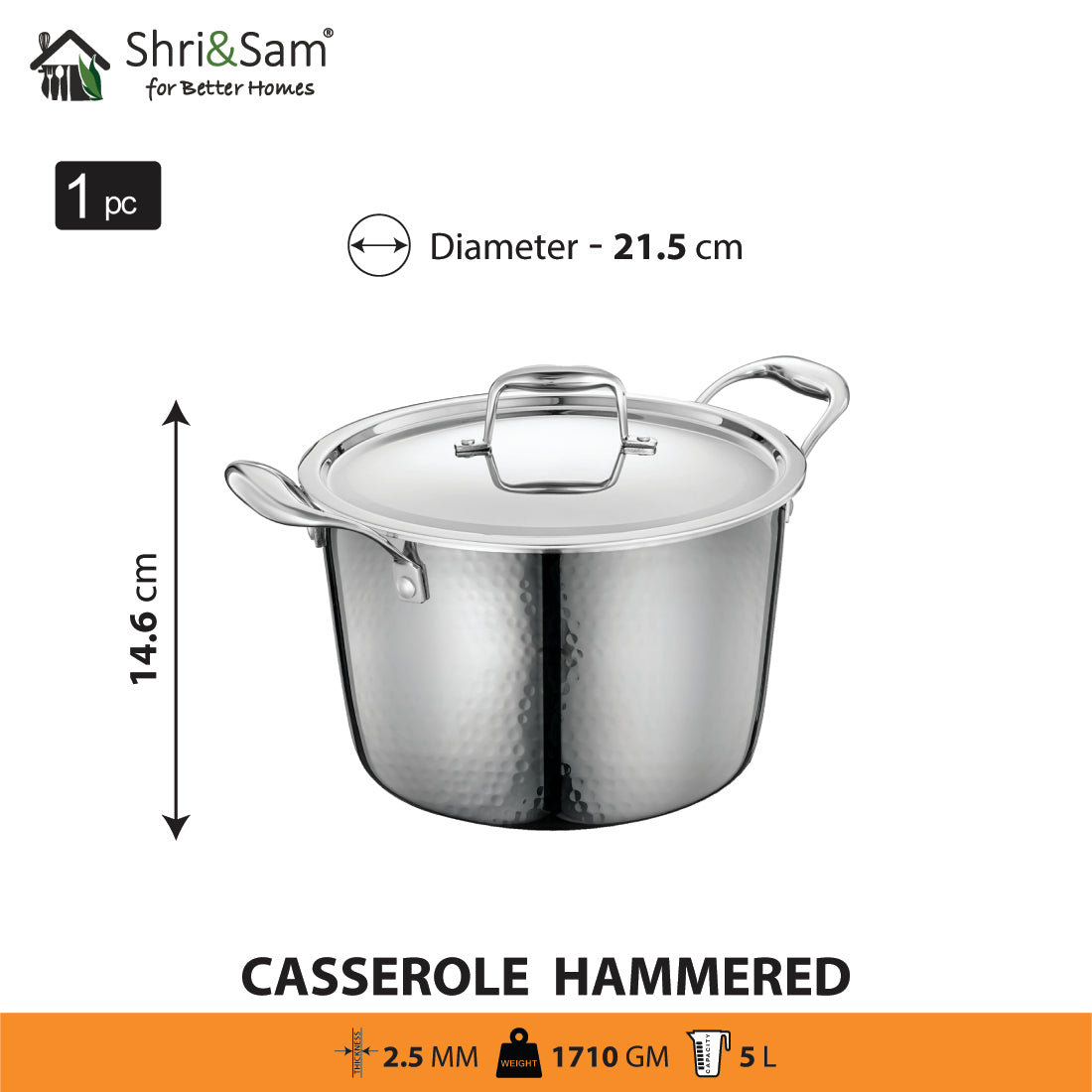 Stainless Steel Triply Bharat Hammered Casserole in Taper Shape