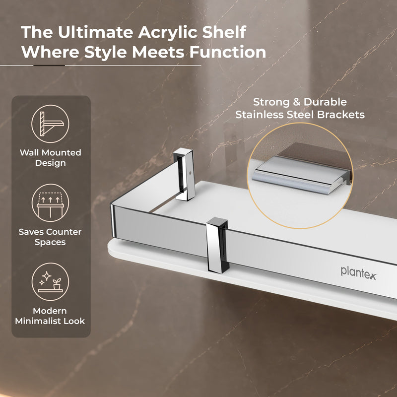 Plantex Wall Shelf for Bathroom Storage/Acrylic Washroom Shelf Organizer with Stainless Steel Railings/Bathroom Accessories (White, 15x6 inches)-4