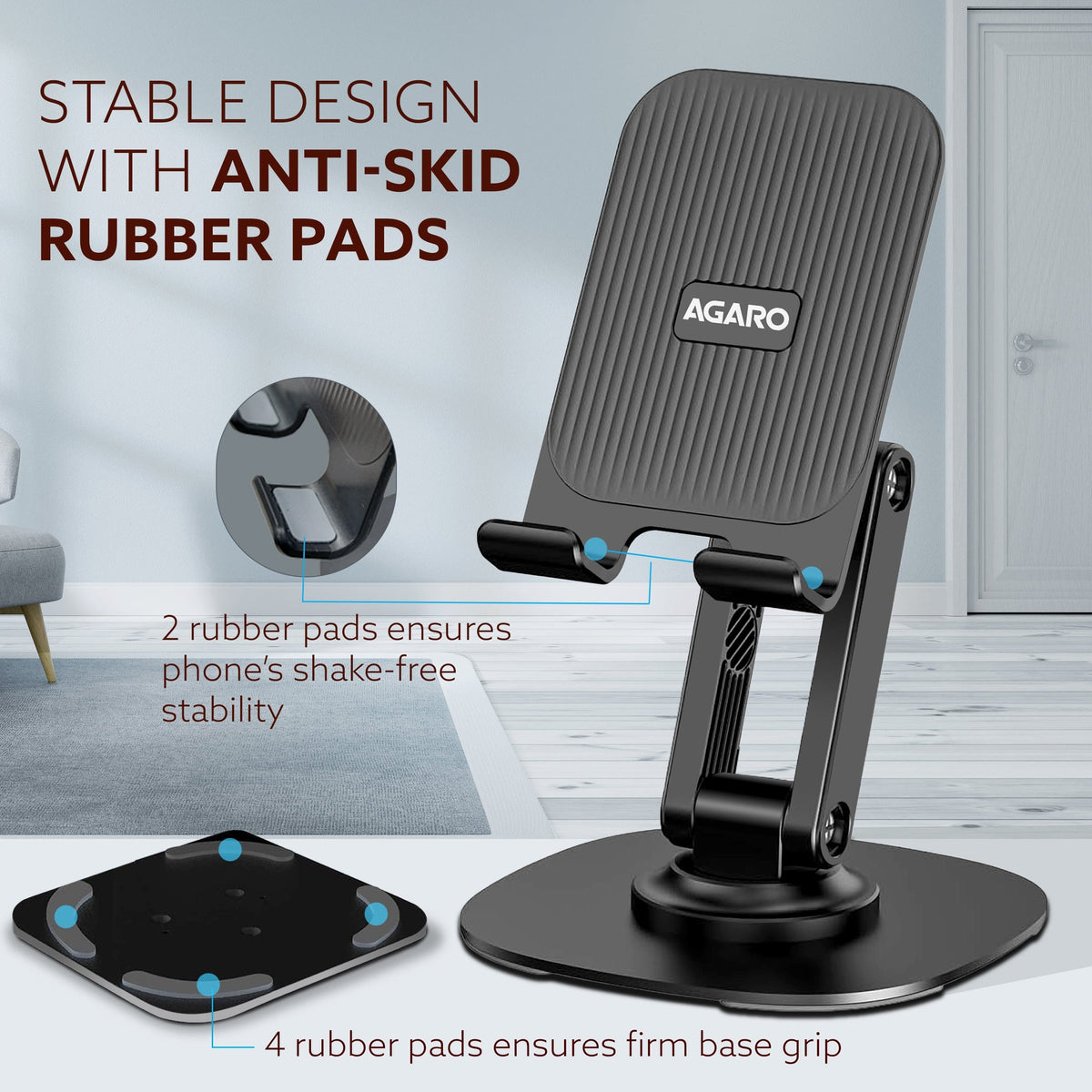 AGARO 360° Revolving Mobile Stand, Foldable & Sturdy Metal Stand with 360° Rotation, Multiple Height & Angle Adjustments & Anti-Slip pads for Desk, Compatible with Smartphones, Tablets, Kindles & iPad-5