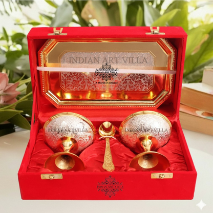 Pure Silver Plated Gold Polished 2 Ice Cream Bowl with 2 spoon & 1 tray