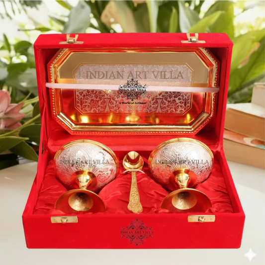 Pure Silver Plated Gold Polished 2 Ice Cream Bowl with 2 spoon & 1 tray