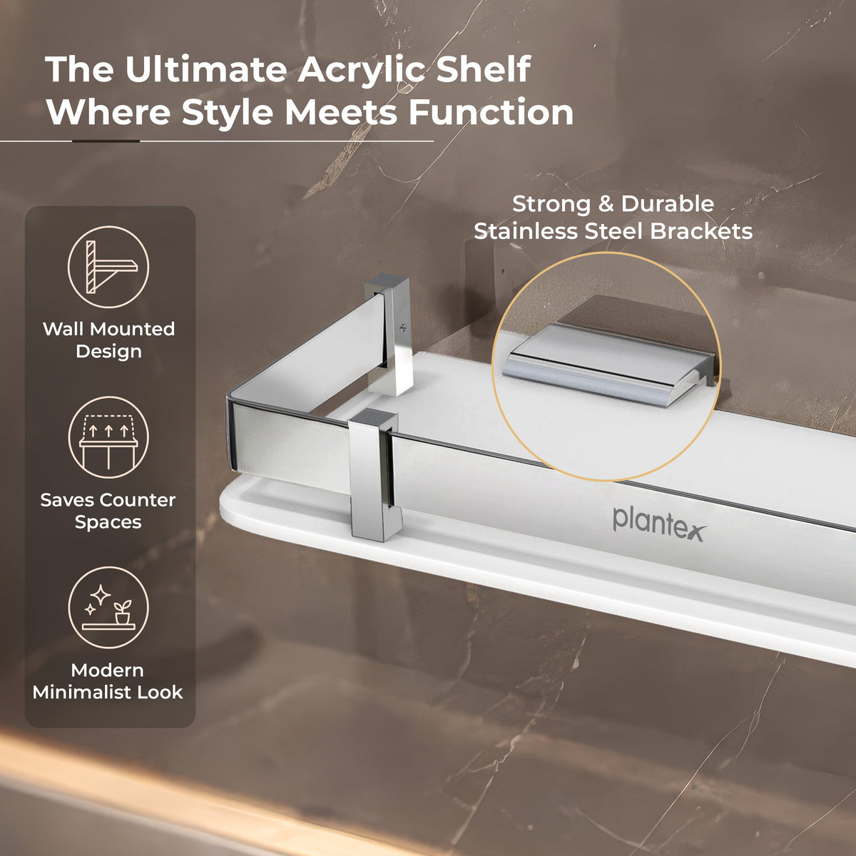 Plantex Acrylic Multipurpose Bathroom Shelf/Rack for Living Room/Wall Mount Storage Shelf - Bathroom Accessories Items (White, 12x6 inches)-3