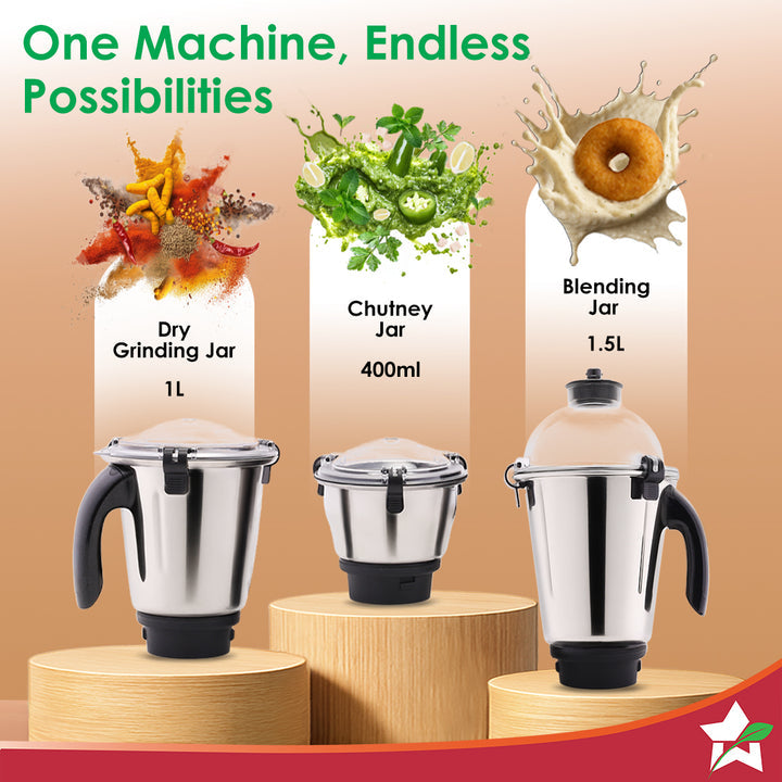 Hush BLDC Mixer Grinder | 3 Jars for Blending, Dry Grinding, Chutney Grinding | Low Friction | Low Noise | Conserves Power | Grind Masalas, Nuts, Coconut to Fruits/Vegetables | RPM 18,000