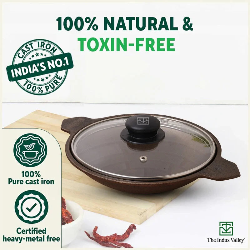 Super Smooth Cast Iron Appam Pan/Appachetty, Glass Lid,Pre-seasoned, Nonstick, 100% Pure, Toxin-free, 22cm, 1.9kg