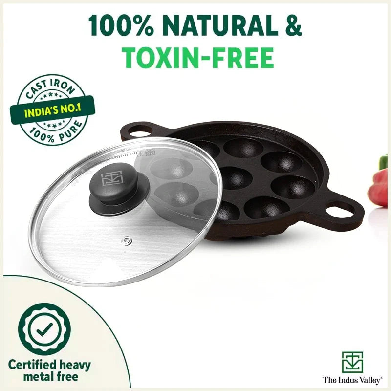 9 Pit/Cup CASTrong Cast Iron Paniyaram/Appe Pan+ Glass Lid, Pre-seasoned, Natural Nonstick, 100% Pure, Toxin-free, 21 cm, 2.7 kg