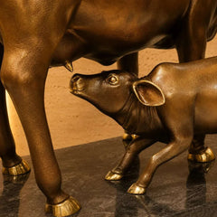 Brass Majestic Kamdhenu Cow with Calf Idol on Granite Base (33 Inch)