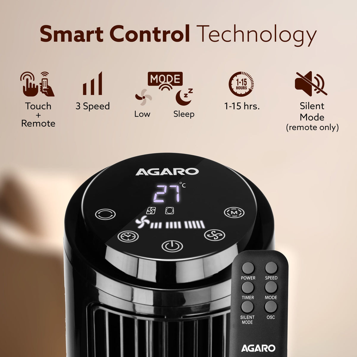 AGARO Imperial Oscillating Tower Fan, 40 Inches, 3 Speed, 2 Modes, Electric Standing Fan-4